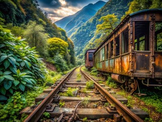 Abandoned Mountain Railway Tracks, Rusting Train Cars, Overgrown Rails, Dramatic Landscape Photography