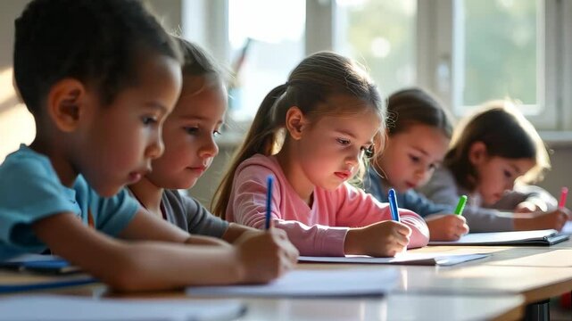 Children Engaged in Classroom Activities with Focused Expressions