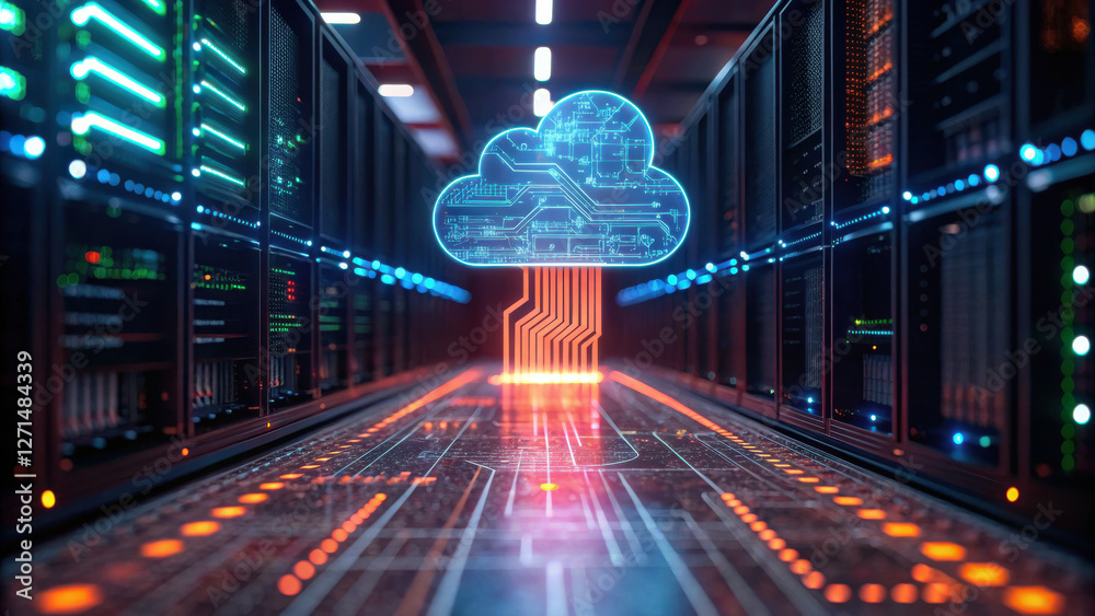 Poster cloud computing system, futuristic data center with glowing cloud network and digital streams