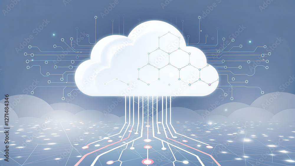 Poster cloud computing system, cloud with digital connections and data streams in futuristic network