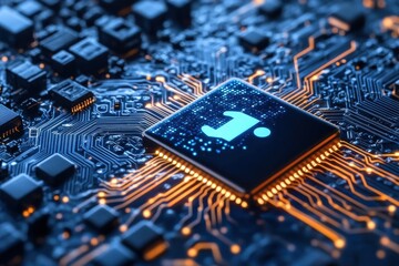 Close-up of Microchip on Circuit Board with Glowing Connections