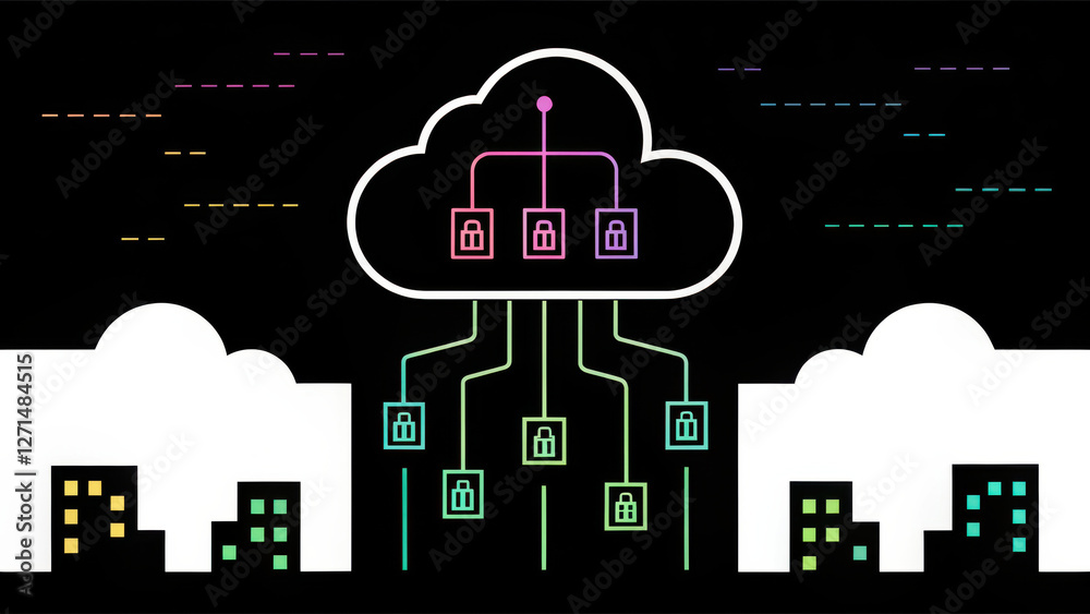 Poster cloud computing system, cyberpunk style cloud computing network with glowing locks