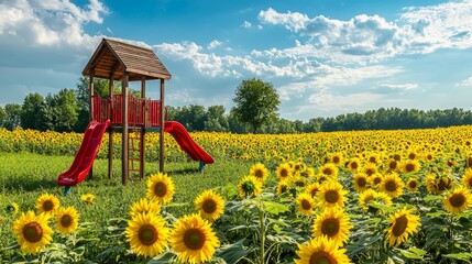 Colorful Playground and Vibrant Sunflower Field Under Blue Sky