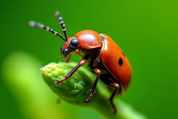Fototapeta premium Close-up of a ladybug on a green plant bud