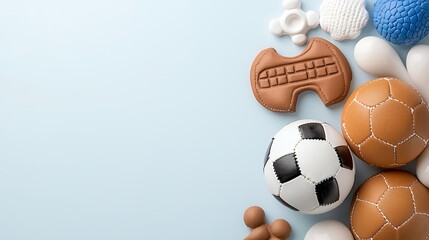 Colorful Assortment of Sport-Themed Decorative Cookies on Light Blue Background