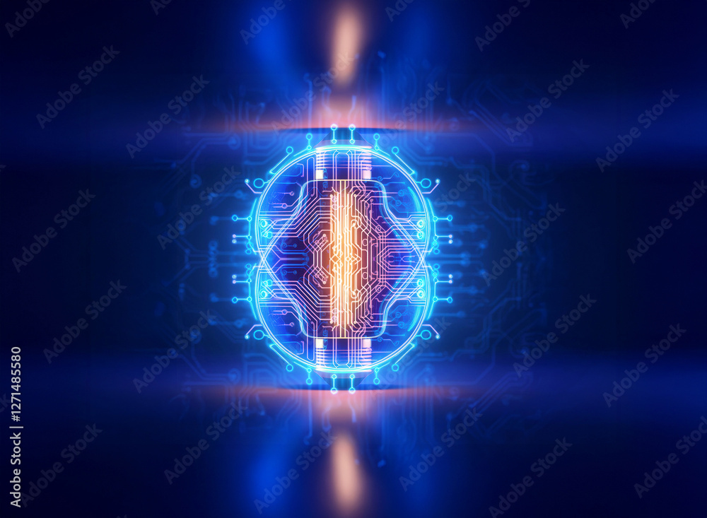 Fototapete abstract sci-fi background with a glowing central element. blue light trails and circuitry patterns 