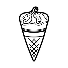 Line art illustration of a classic ice cream cone. Creamy swirl of ice cream in a waffle cone. Symbolizes summer, treats, desserts, and refreshment. Perfect for food, culinary, and lifestyle concepts