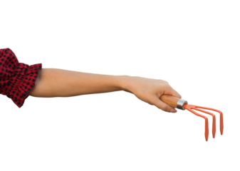 hand holding a metalic rake for gardening, transparency png