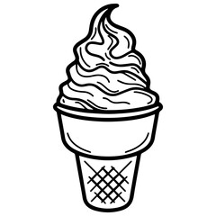 Line art illustration of a classic ice cream cone. Creamy swirl of ice cream in a waffle cone. Symbolizes summer, treats, desserts, and refreshment. Perfect for food, culinary, and lifestyle concepts
