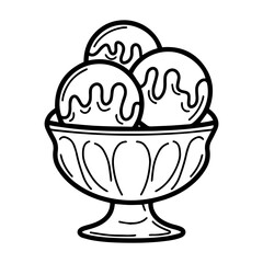 Line art illustration of three scoops of ice cream in a vintage sundae dish. Symbolizes summer, treats, desserts, and indulgence. Perfect for food, culinary, and lifestyle concepts