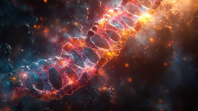 Fiery DNA helix structure, glowing, abstract background.