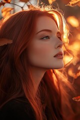 Beautiful Young Woman with Flowing Red Hair in Autumn Garden Holding Golden Maple Leaves at Sunset Creating Magical Nature Portrait