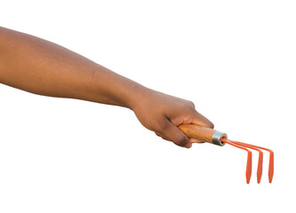 hand holding a metalic rake for gardening, transparency png