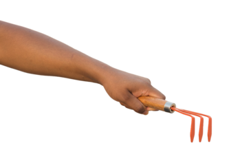 hand holding a metalic rake for gardening, transparency png