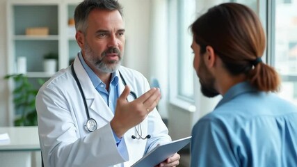 A doctor discusses medical advice with a patient considering gender transition in a professional healthcare setting, providing guidance and support for the individual's decision