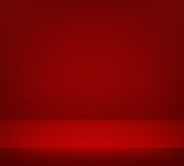 Obraz premium Red studio background. Empty Room Studio with table. Space for selling products, backdrop, wallpaper, background, text. Vector illustration.