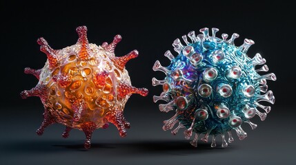 Two Detailed Renderings of Virus Microbes on Dark Background Stage