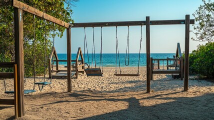 Tranquil Beach Playground with Swings Overlooking the Ocean