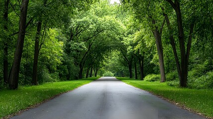 Obraz premium Pathway Through Lush Green Trees in a Summer Park