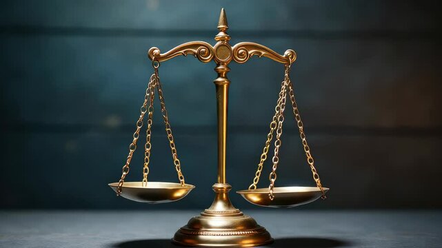 Elegant Antique Golden Scales of Justice on Dark Blue Background