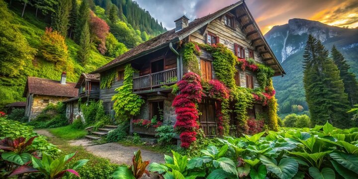 Abandoned Swiss Chalet overgrown with Blitva, Urban Exploration Photography