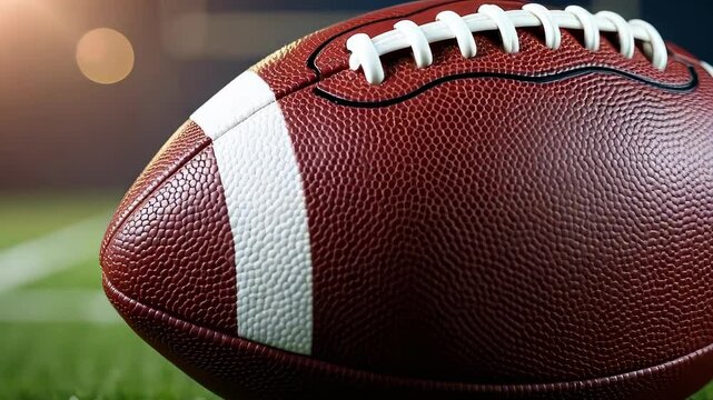 Close-Up of a Textured American Football on Green Grass Field
