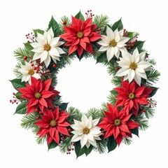 Fototapeta premium Festive Floral Wreath with Poinsettias and Red Berries Holiday Decorative Element Christmas Season Celebration