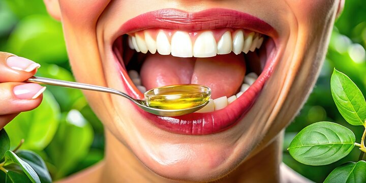Oil pulling for beautiful, clean teeth, promoting oral health naturally. Ayurvedic oral hygiene for a healthy smile.