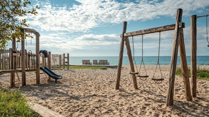 Coastal Playground with Swings and Slide Near Sandy Beach