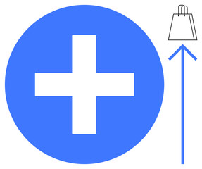 Obraz premium Blue plus sign inside a circle adjacent to an upward arrow pointing to a shopping bag icon. Ideal for e-commerce growth, sales increase, consumer behavior, retail success, positive trends, customer