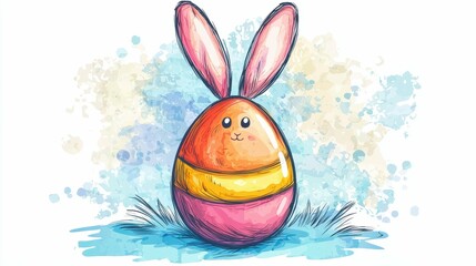 Easter Egg Bunny Character with Watercolor Splatter Background Art
