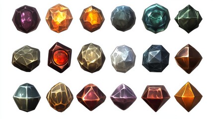 A set of icons of precious stones of different facets for fantasy style games isolated on a white background