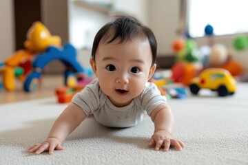 A delightful image of a baby crawling across a soft carpet with colorful toys in the background, showcasing curiosity and exploration in a vibrant play environment.