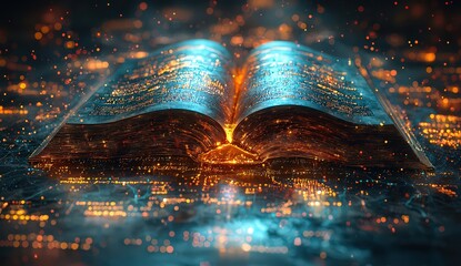 An open book with pages glowing, surrounded by digital data streams and charts.