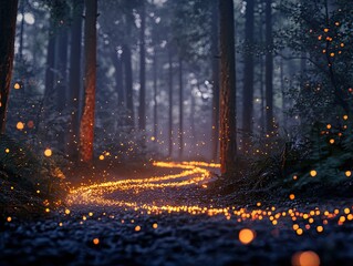 Fototapeta premium Enchanted Forest Path, A Winding Trail of Lights Through the Woods