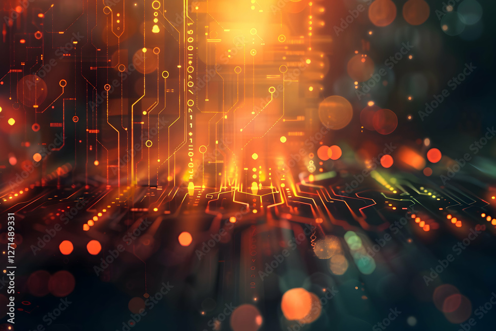 Poster abstract digital background with glowing circuits and bokeh lights creating a vibrant atmosphere