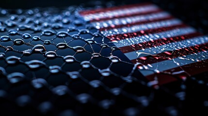 United States Flag Under an Abstract Hexagonal Molecular Structure Network with Water Droplets