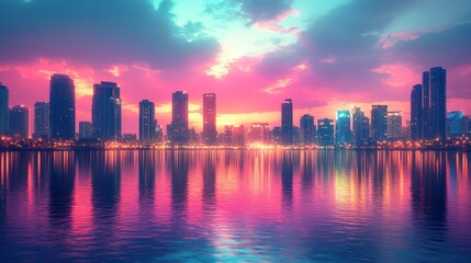 Obraz premium Vibrant Sunset City Skyline Reflecting on Water