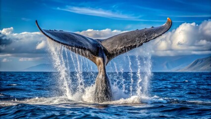 Fototapeta premium Majestic Whale's Fluke Breaching the Ocean Surface, Creating a Spectacular Water Cascade Under a Vivid Sky