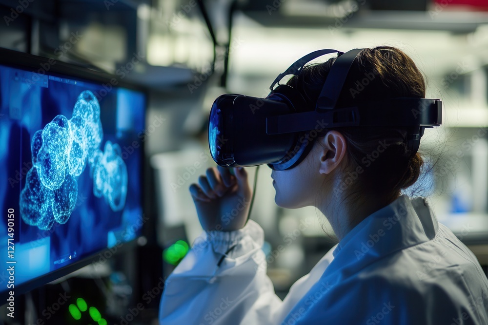 Poster a scientist using a virtual reality simulation to study the behavior of nanoparticles in a controlle