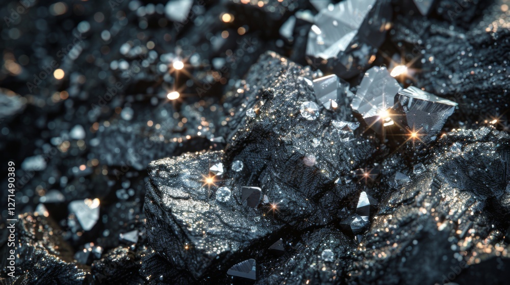 Aufkleber bright crystals are scattered across a dark mineral surface, reflecting light in a mesmerizing displ