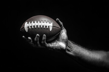 Black and white high-contrast close-up shot of an American football player&rsquo;s hand on the ball, dramatic lighting, strong shadows