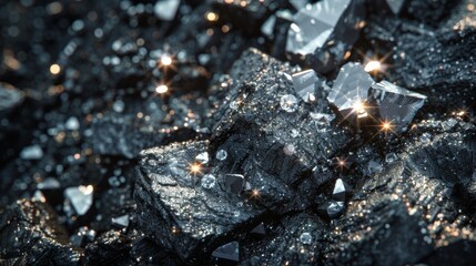 Bright crystals are scattered across a dark mineral surface, reflecting light in a mesmerizing display of textures and colors. The scene evokes a feeling of natural beauty and deep Earth.