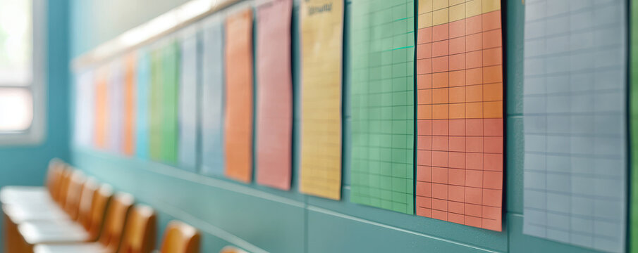 Colorful behavior charts line classroom wall, creating organized atmosphere