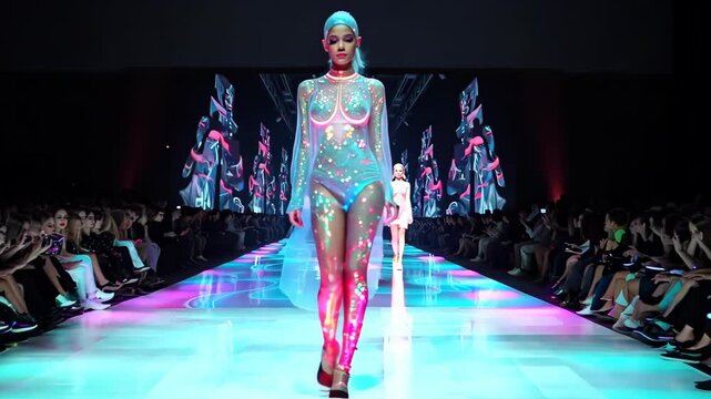 Model Walking on Runway with Futuristic Light Show Effects