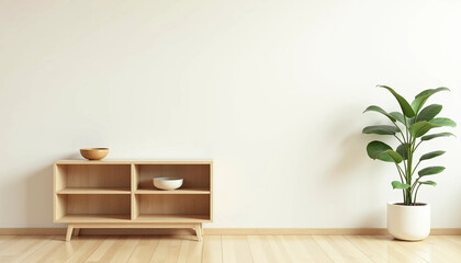 Lowline bookcase, light wood, four cubbies, two bowls, minimalist, modern, plant, white wall, wood floor.