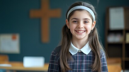 Cheerful young American Catholic school girl smiles brightly in a classroom with a cross on the wall