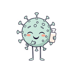 Smiling virus mascot holding soap symbolizing hygiene and disease prevention
