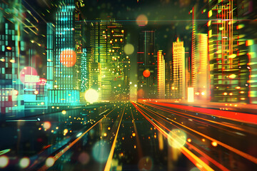 Vibrant cityscape at night with colorful lights and glowing effects, showcasing urban life