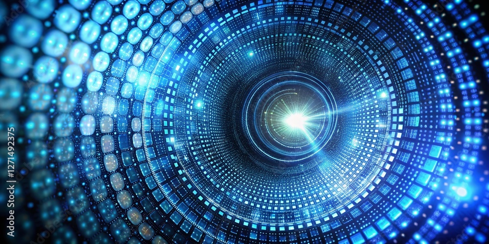 Poster abstract binary code vortex: bright blue digital data stream radial burst